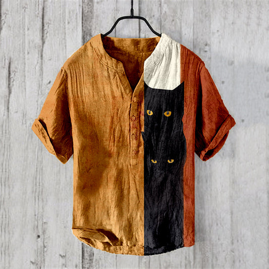 Japanese Abstract Black Cat Art Print Linen Blend Shirt elevenforest