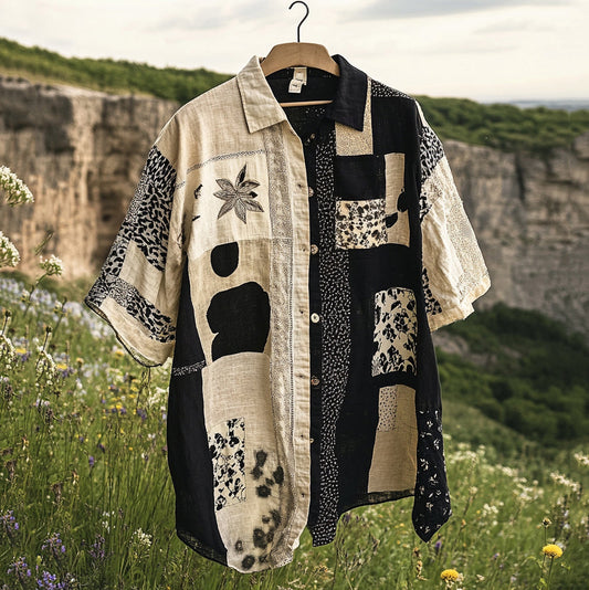 Men's Retro Patchwork Contrast Color Linen Shirt artswardrobe