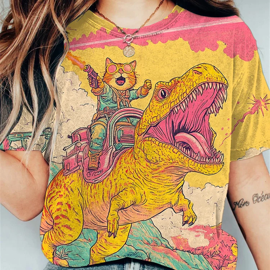 Abstract Creative  Cat And Dinosaur Fantasy Art  Print Cotton Graphic T-shirt elevenforest
