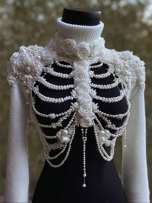 Comstylish Vintage Roses Skeleton Pearls Beaded Contrast Turtleneck Sweater
