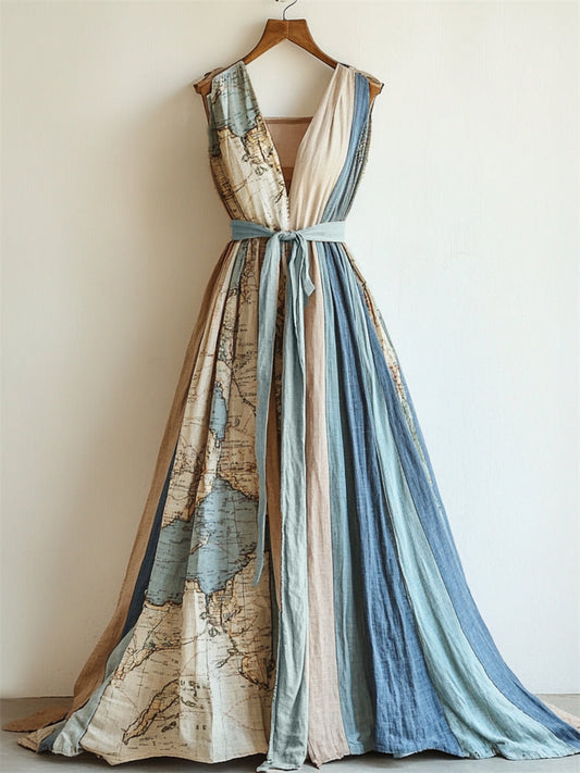 Vintage Old Map Contrast Patchwork Linen Maxi Dress artswardrobe