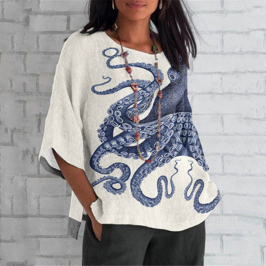 Comstylish Japanese Art Octopus Print Loose T-Shirt