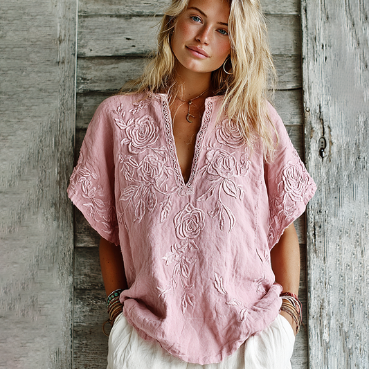 Comstylish Women's Rose Floral Embroidery Art V Neck Comfy Shirt