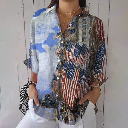 Comstylish Independence Day Vintage Flag Print Women's Casual Shirt