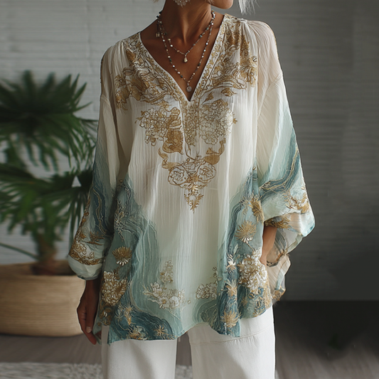 Vintage Marble Texture Collection Bohemia Women Style Gradient Gilded Pattern Linen Round Neck T-shirt artswardrobe