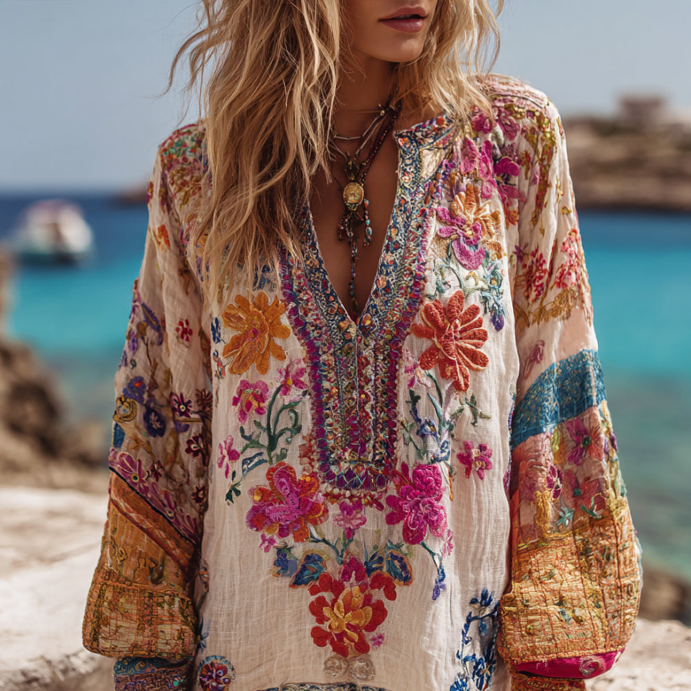 Bohemian Style Embroidered Flower Vacation Long-sleeved V-neck Worn-out Long-sleeved Top artswardrobe