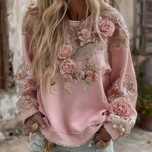 Comstylish Women's Pink Rose Embroidery Art Round Neck Long Sleeve Casual Sweatshirt