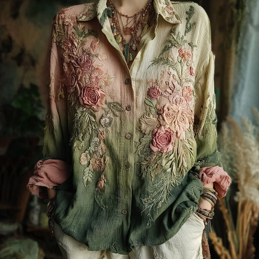 Women's Vintage Floral Embroidery Contrast Linen Shirt artswardrobe