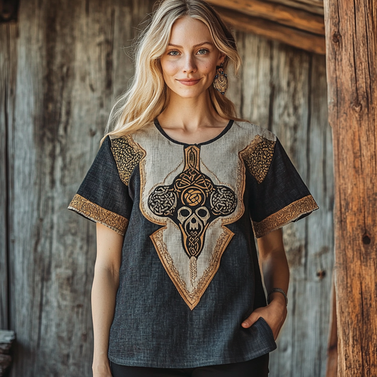 Comstylish Women's Viking Skull Celtic Knot Art Linen T-shirt