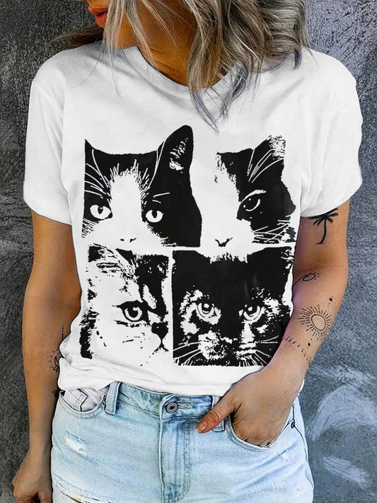 Comstylish Patchwork Cat Print Casual T-shirt