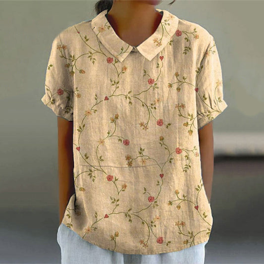 Comstylish Women's Retro Floral Art Print Casual Cotton Linen Shirt