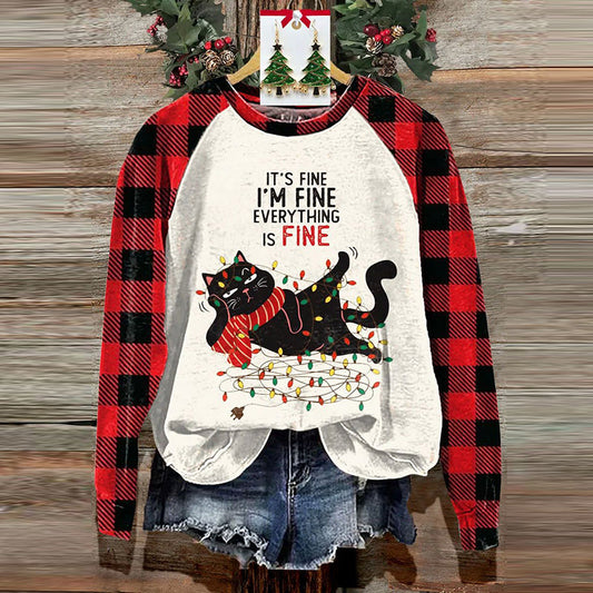 Christmas Funny Cat I M Fine Print Casual Sweatshirt elevenforest