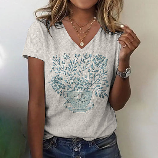 Women's Vintage Cup Floral Bird Embroidery Pattern V-neck T-shirt artswardrobe