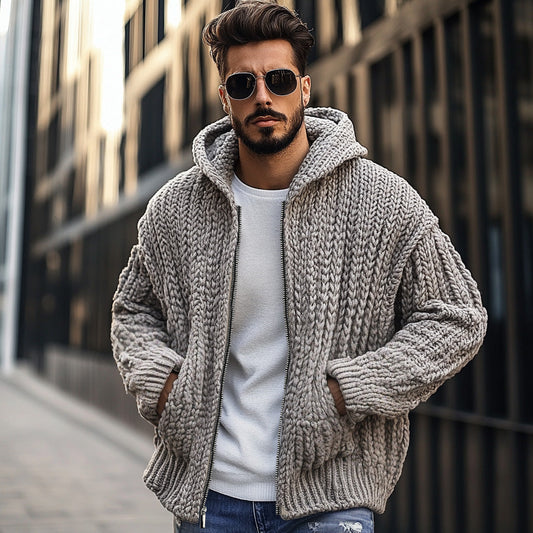 Vintage Chunky Knit Zipper Cropped Hooded Cardigan elevenforest
