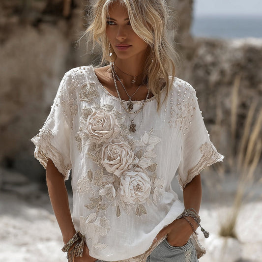 Women's Vintage Rose Embroidery Art Round Neck Short Sleeve Linen Blend T-shirt artswardrobe
