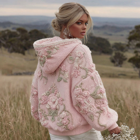 Women's Floral Embroidery Art Knitted Hooded Sweater