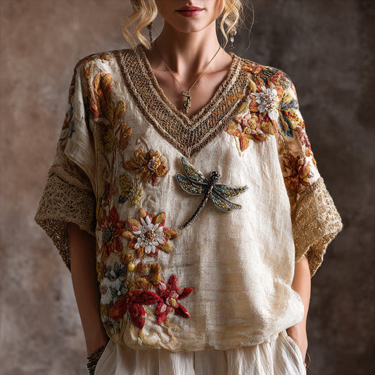 Bohemian Style Three-dimensional Dragonfly Embroidery Linen Texture Vintage V-neck Short-sleeved Shirt