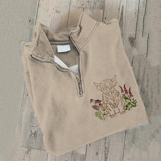 Comstylish Women's Highland Cow Floral Zipper Casual Sweatshirt