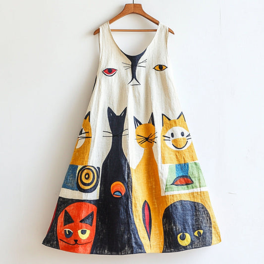 Fun Cat Geometric Art Flowy Linen Tank Dress elevenforest