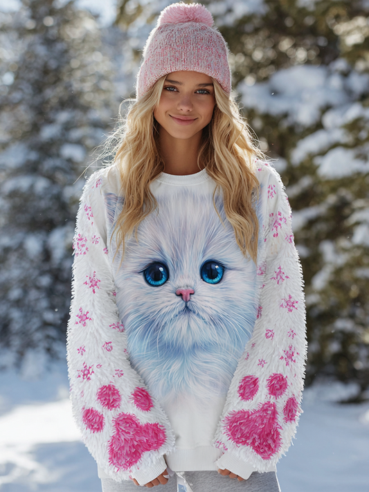 Comstylish Lady Cute Cat Winter Warmth Flannel Sweatshirt