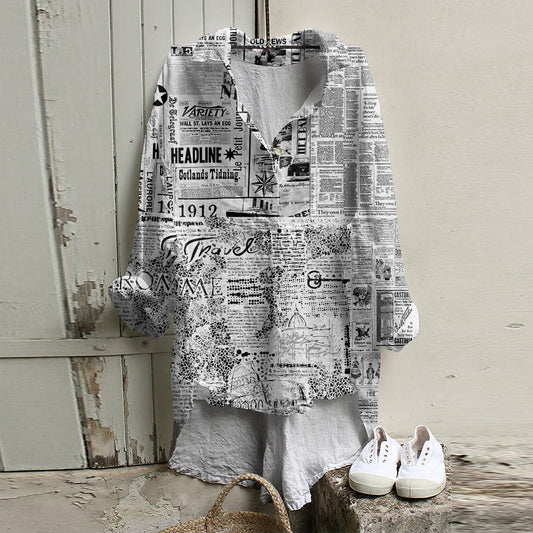 Comstylish Vintage Spliced ​​old Newspaper Style Irregular Hem Shirt