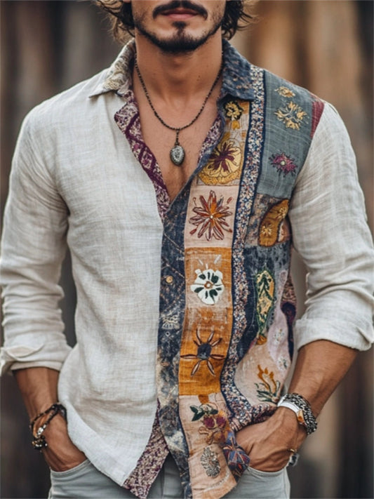 Men's Boho Hippie Colorblock Linen Blend Shirt artswardrobe