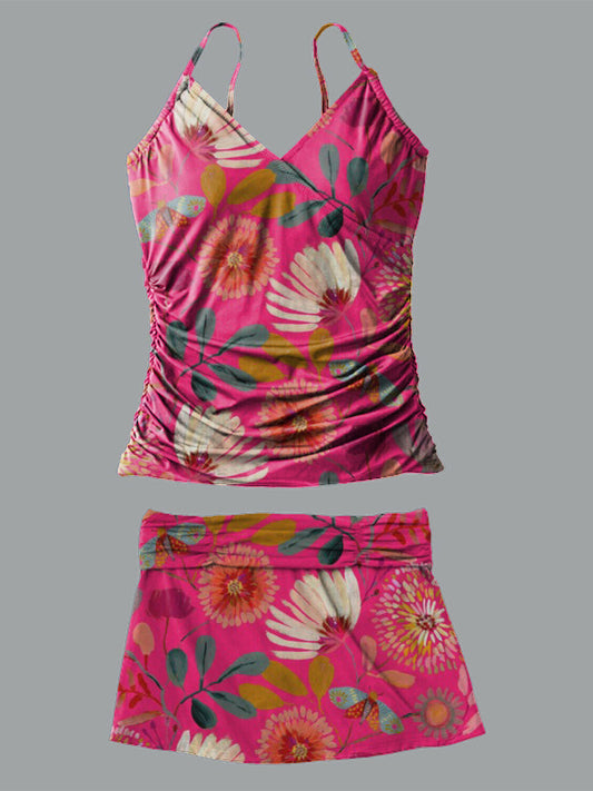Retro Flower V-Neck Vintage Flowers Print Suspender Skirt Tankini Pantskirt Set Swimsuit