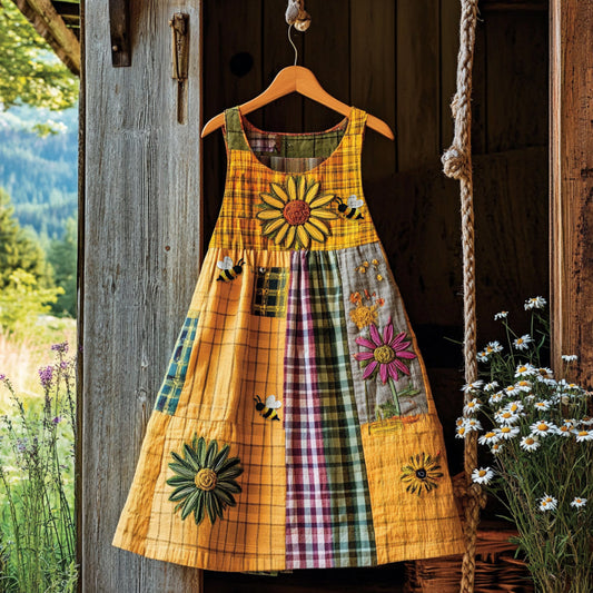 Vintage Sunshine Floral With Bees In Plaid Embroidered Cozy Linen Midi Dress artswardrobe