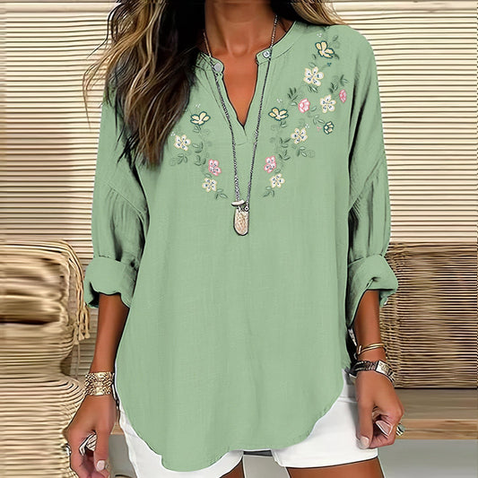 Comstylish Women's Floral Embroidery Linen Print Casual Shirt