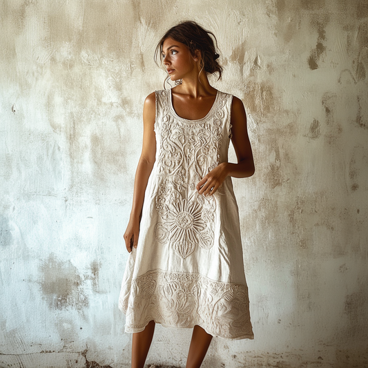 Vintage Floral Embroidery Art Linen Tank Dress artswardrobe