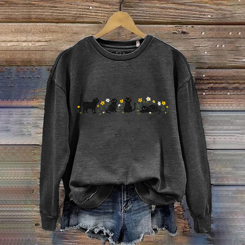 Comstylish Women's Cute Floral Black Cat Embroidered Sweatshirt