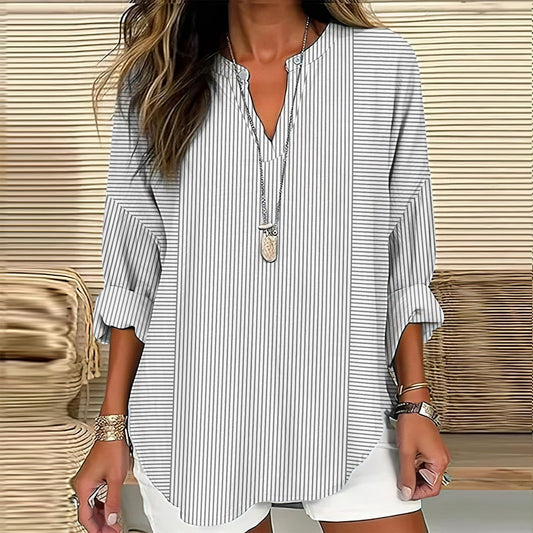 Comstylish Striped Print V-Neck Loose Shirt