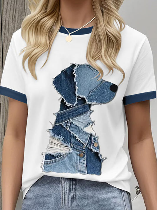 Women's Retro Funny Denim Patch Animal Dog Print Crew Neck T-shirt