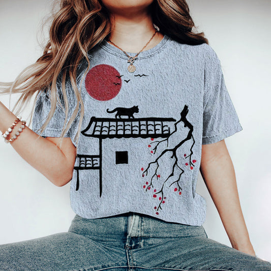 Japanese Cat Sunset Print Women's T-shirt elevenforest