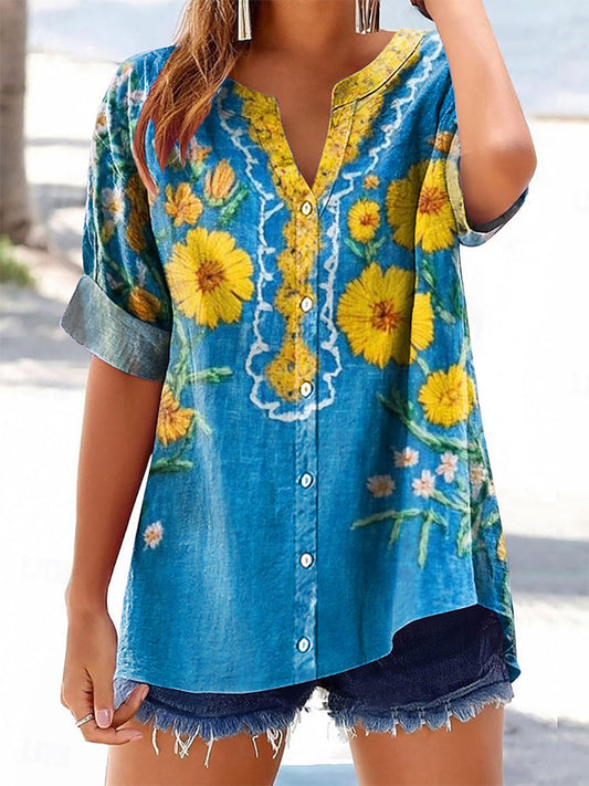 Women's Bohemian Floral Art Print Casual Cotton And Linen Shirt