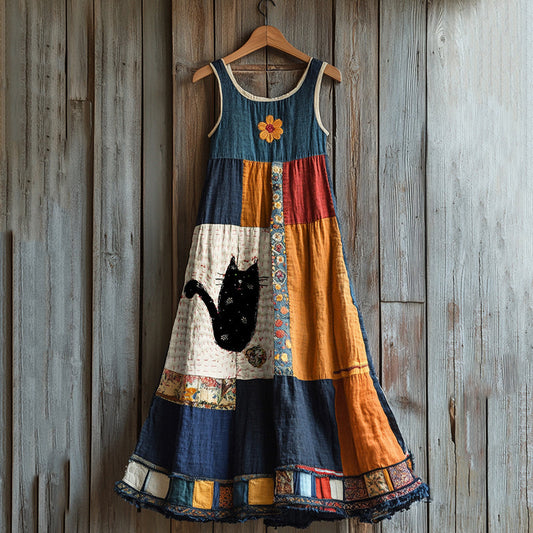 Comstylish Sashiko Cute Cat Floral Pattern Patchwork Midi Dress