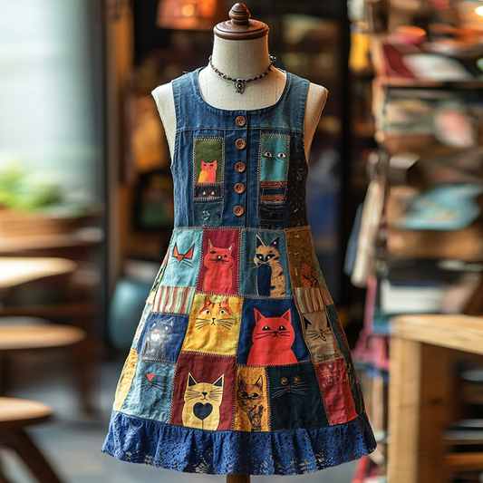 Pop Art Patchwork Cat Lace Denim Dress elevenforest
