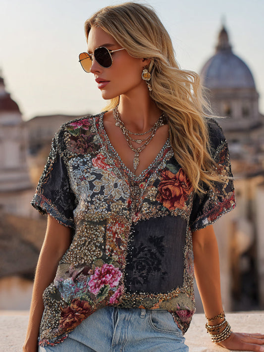 Bohemian And Ethnic Style Multi-colored Floral Embroidery Diamond Vintage V-neck Short-sleeved Shirt artswardrobe