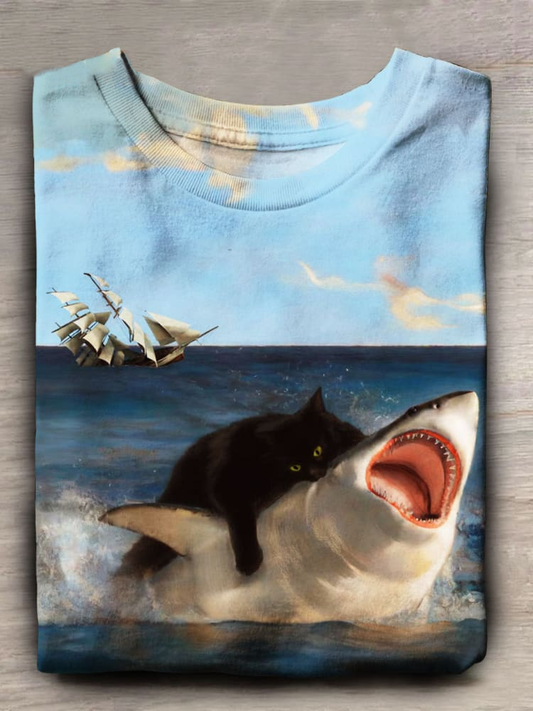 Funny Shark And Cat Print Casual Short Sleeve Top elevenforest