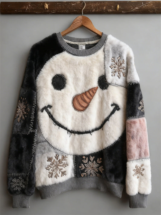 Comstylish Vintage Snowman & Snowflakes Patchwork Cozy Plush Sweatshirt