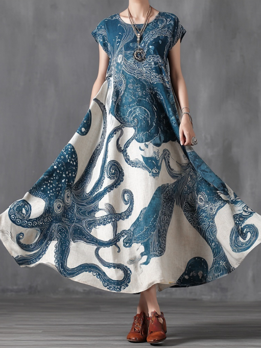 Comstylish Japanese Art Style Whale And Ocean Print Vacation Style Cotton And Linen Mid-length Dress