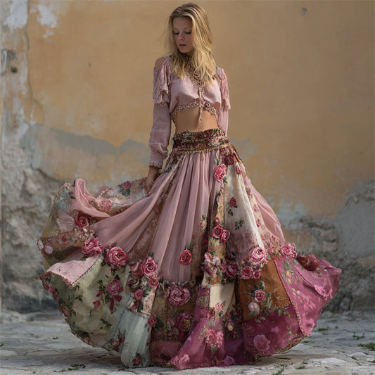 Pink Roses Embroidered Boho Floral Patchwork Flowy Wide Skirt artswardrobe