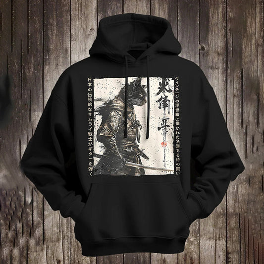 Men's Handsome Japanese Cat Warrior Calligraphy Art Print Pocket Hooded Sweatshirt elevenforest