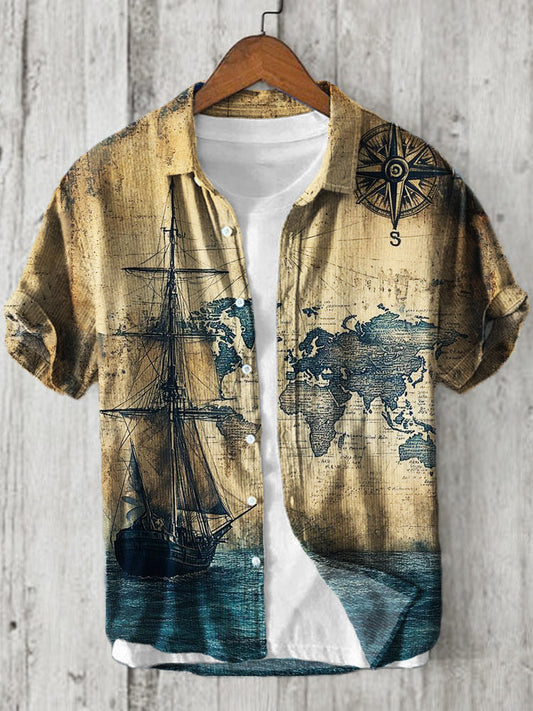 Men's Vintage Ship Navigation Map Beach Linen Shirt artswardrobe