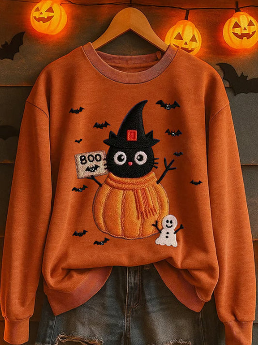Halloween Fun Cute Pumpkin Cat Women's Printed Sweatshirt artswardrobe