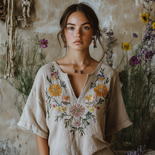Comstylish Women's Vintage Floral Embroidery Art Linen Shirt