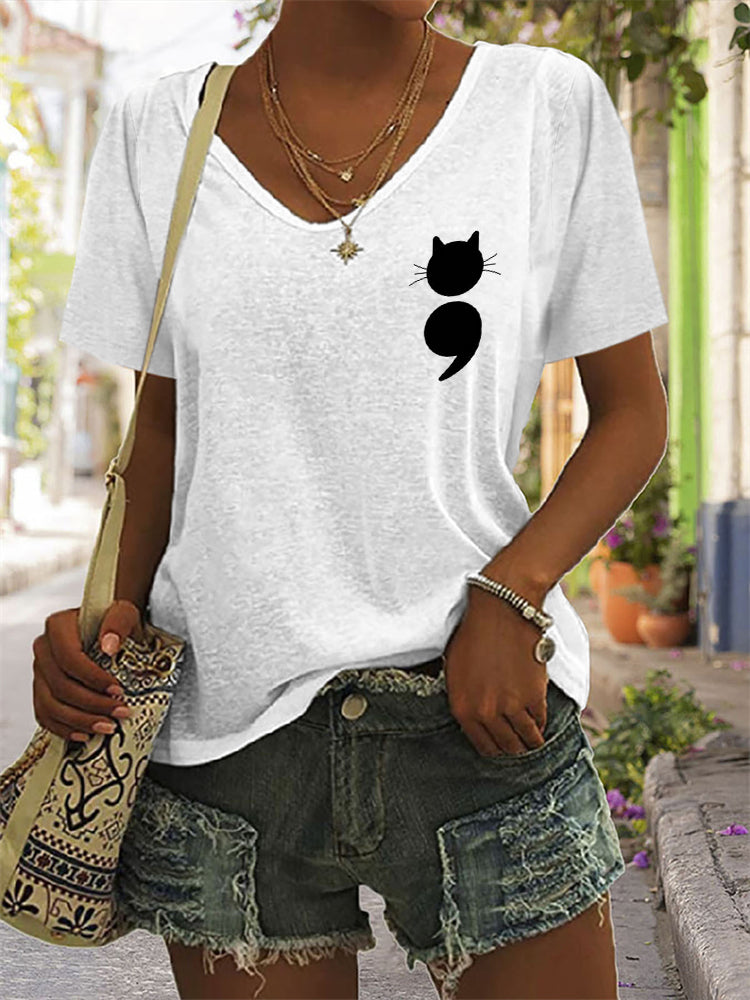 Cat Semicolon Mental Health Awareness V Neck T Shirt elevenforest