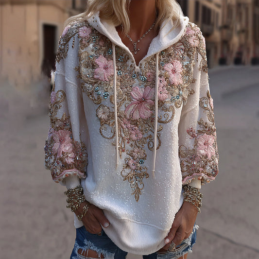 Women's Classic Pink Floral Embroidery Art Comfy Hoodie artswardrobe
