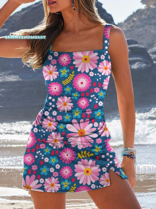 Pink and Blue Flowers Print Square Neck Tankini Set