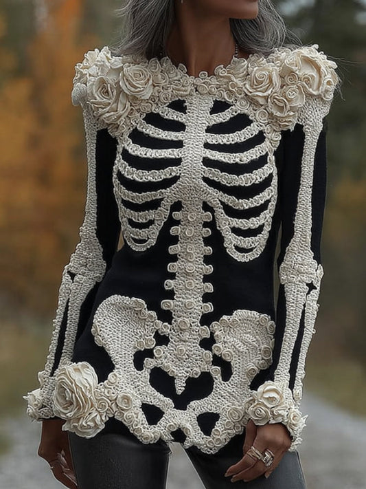 Comstylish Women's Halloween Skeleton Rose Art Black Round Neck Sweater